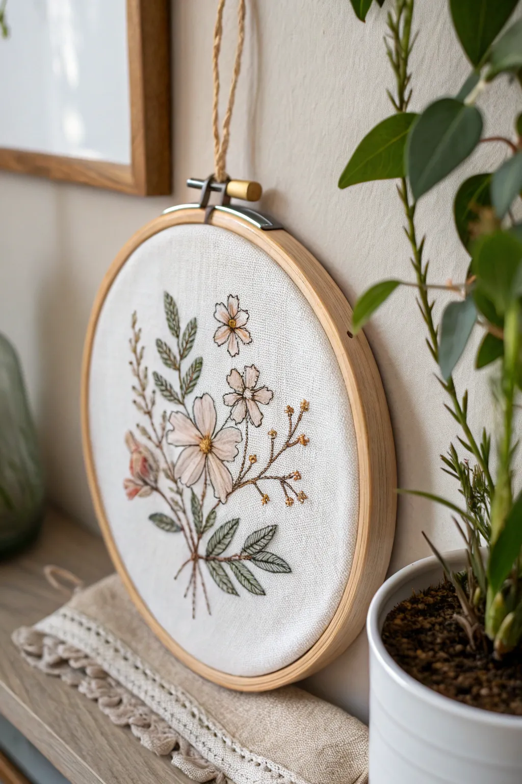 Elevate your space with a touch of handcrafted elegance: a minimalist cross stitch hoop display.