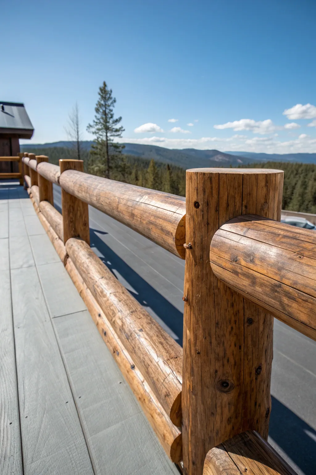 Bring the charm of the wilderness to your rooftop with rustic log railings.