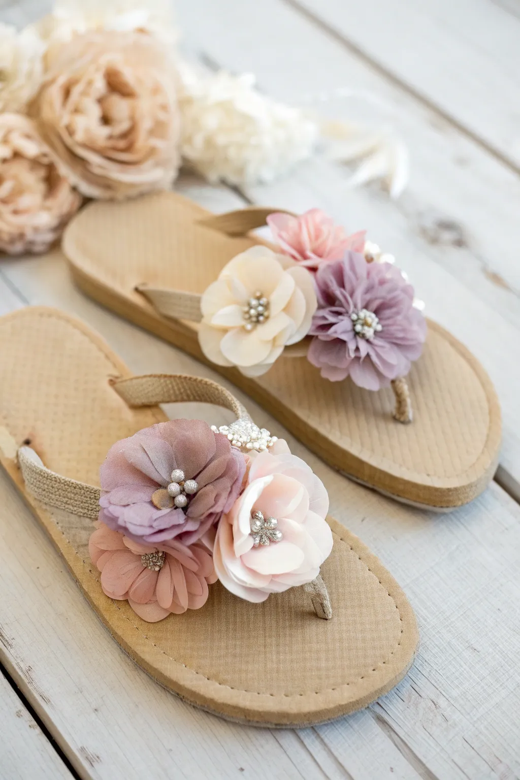 Step into elegance with these handcrafted floral flip flops, perfect for any garden party.