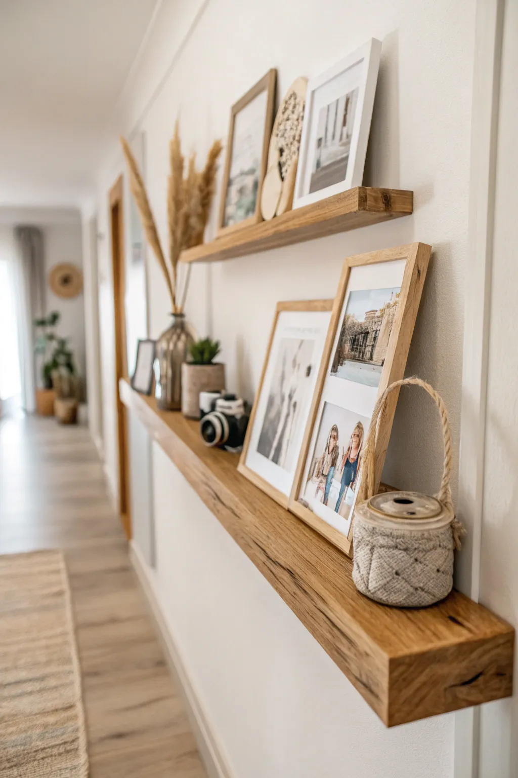Transform your hallway into a personal gallery with minimalist floating shelves and cherished memories.
