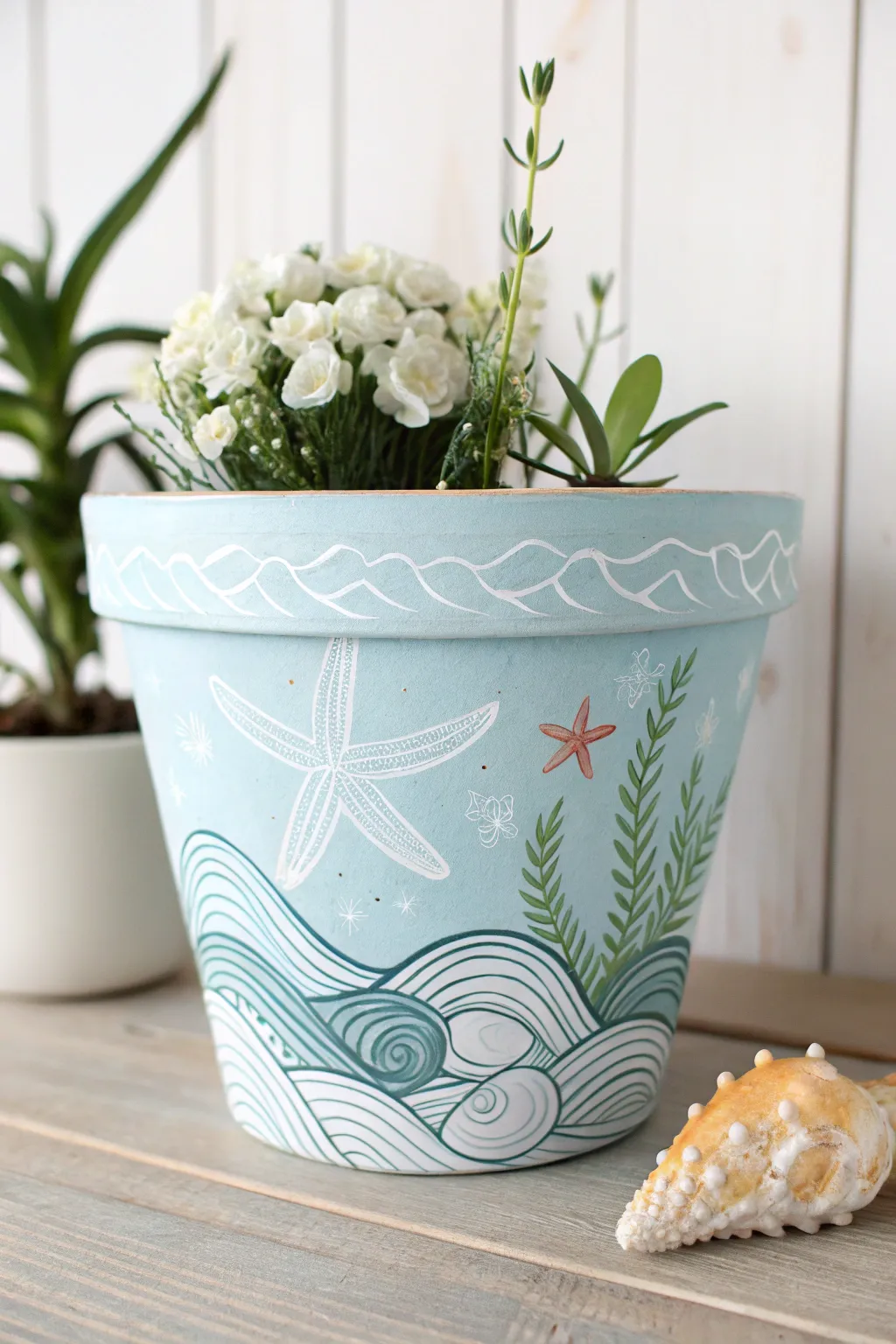 Bring the serenity of the ocean to your home with this beautifully crafted ceramic flower pot, perfect for adding a touch of coastal charm to your space.