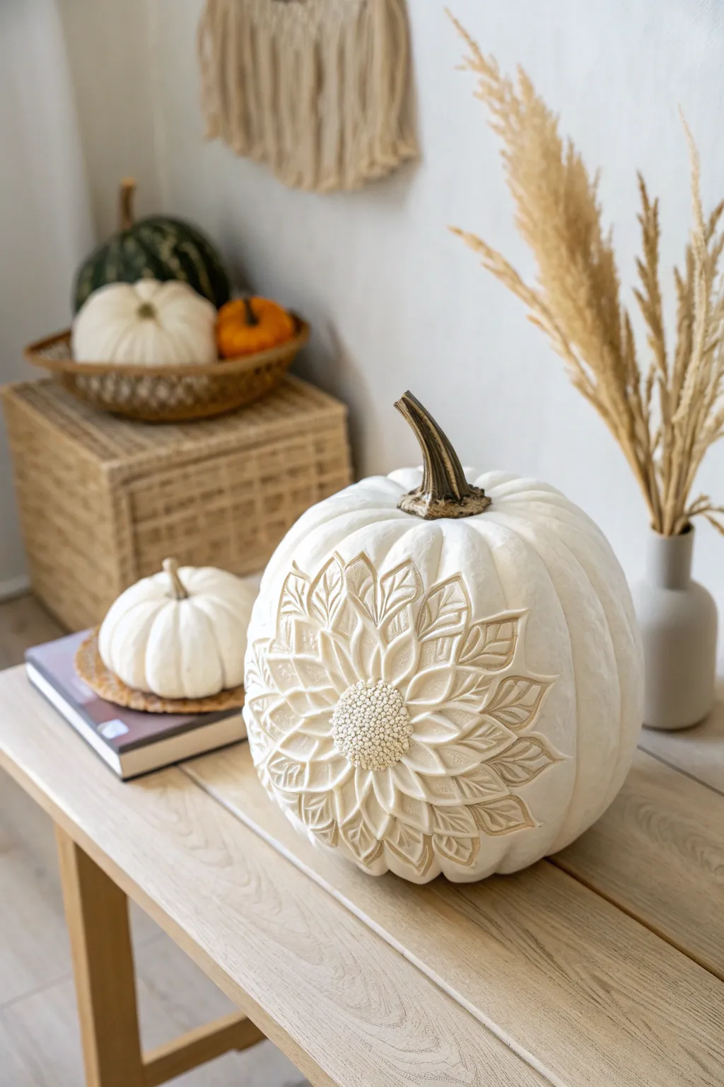 Embrace autumn elegance with this dahlia-carved pumpkin masterpiece.