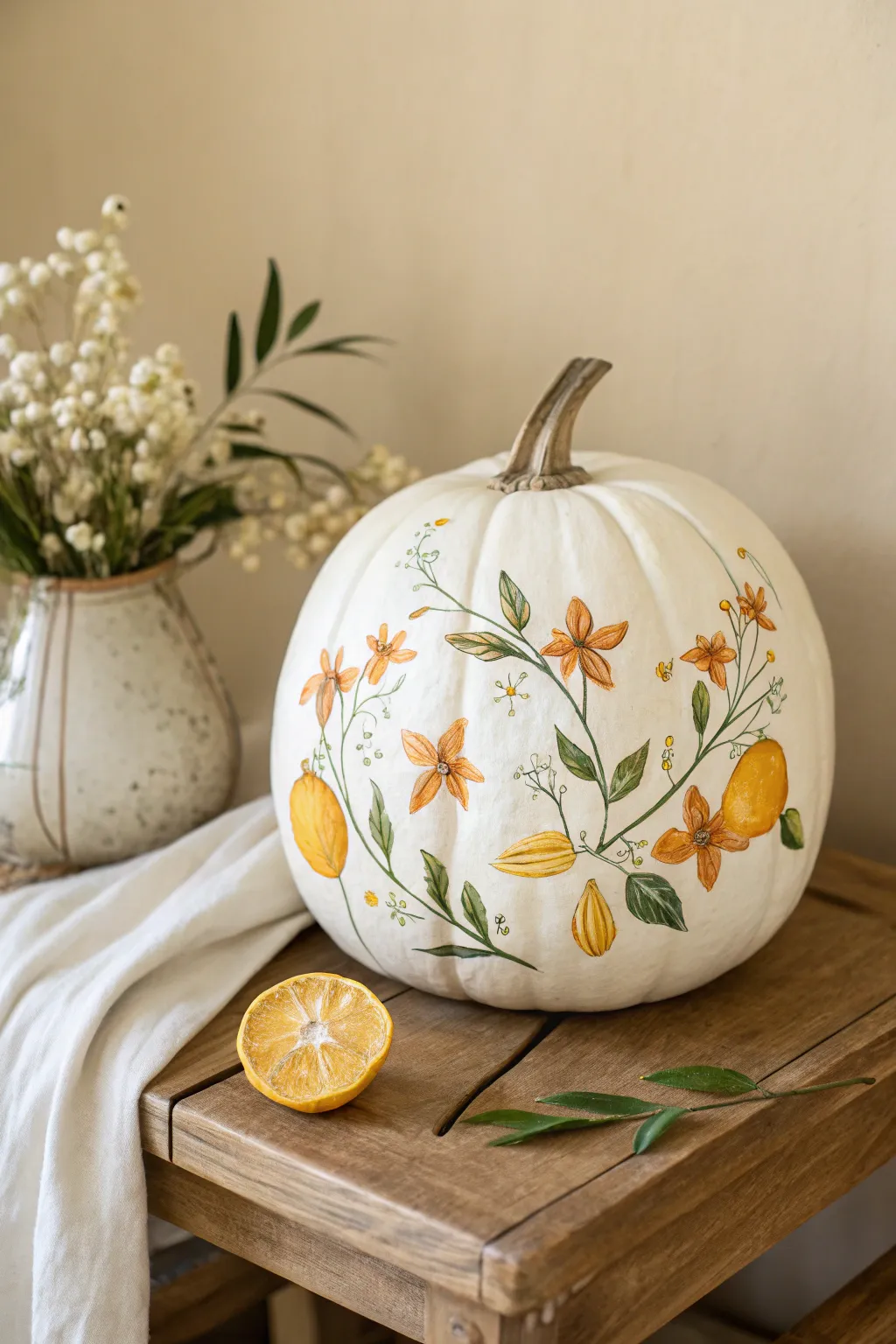 Elevate your fall decor with a zesty twist of citrus blossoms painted on a pumpkin.