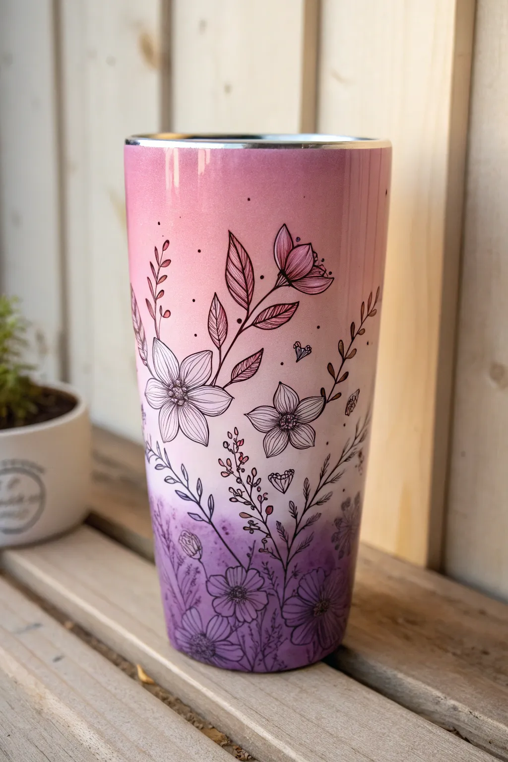 Capture the serene beauty of a sunset with this ombre floral tumbler, where craftsmanship meets nature.