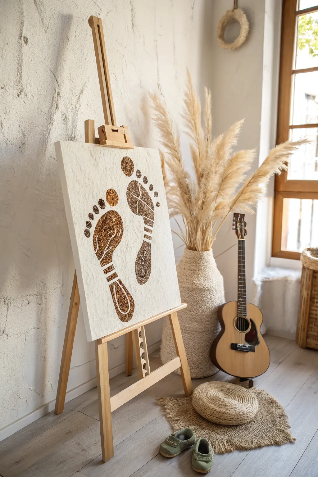 Step into harmony with this unique footprint guitar art, blending music and creativity in perfect minimalist style.