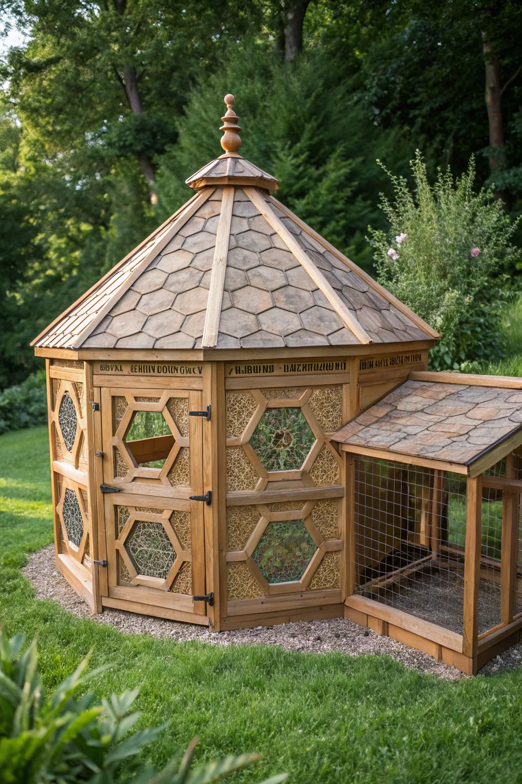 Transform your yard with this stunning hexagonal hen haven—where design meets functionality.