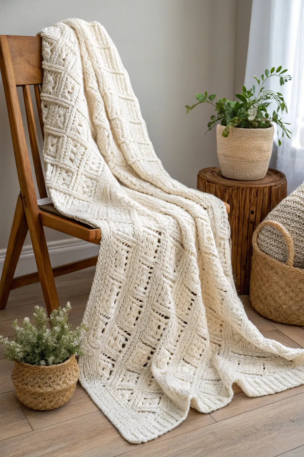 Wrap yourself in the warmth of elegance with this basketweave crochet blanket. Perfect for cozy nights by the fire.