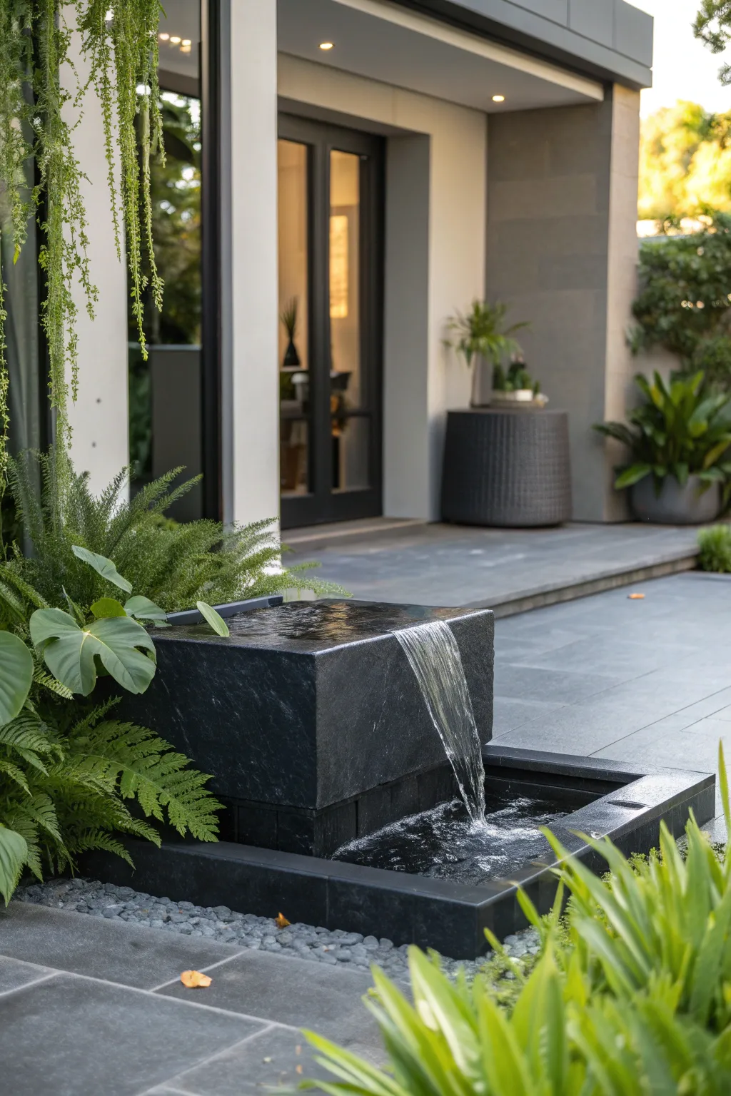 Transform your entryway into a tranquil oasis with a modern water feature.
