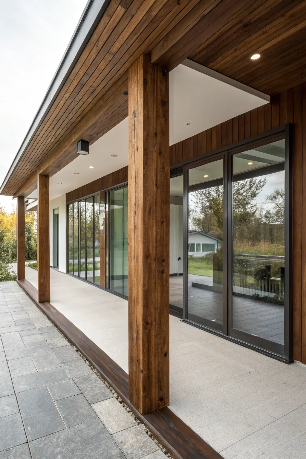 Elevate your porch design with a stunning glass and wood fusion for a modern, airy vibe.