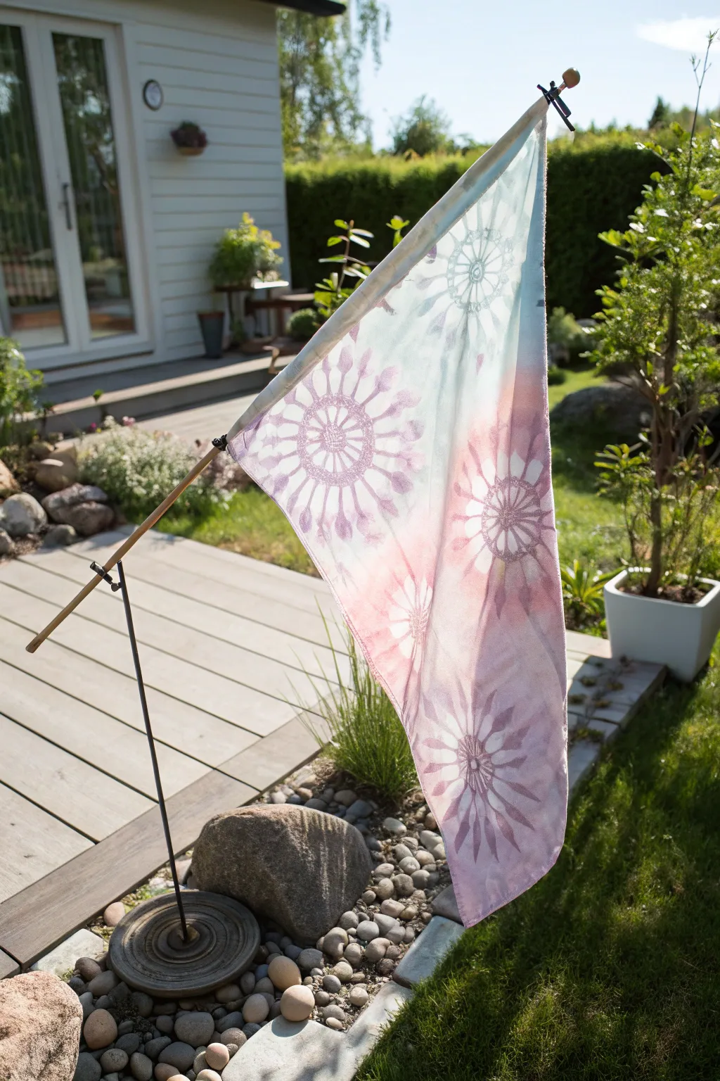 Add a splash of color and charm to your garden with a handcrafted tie-dye flag.