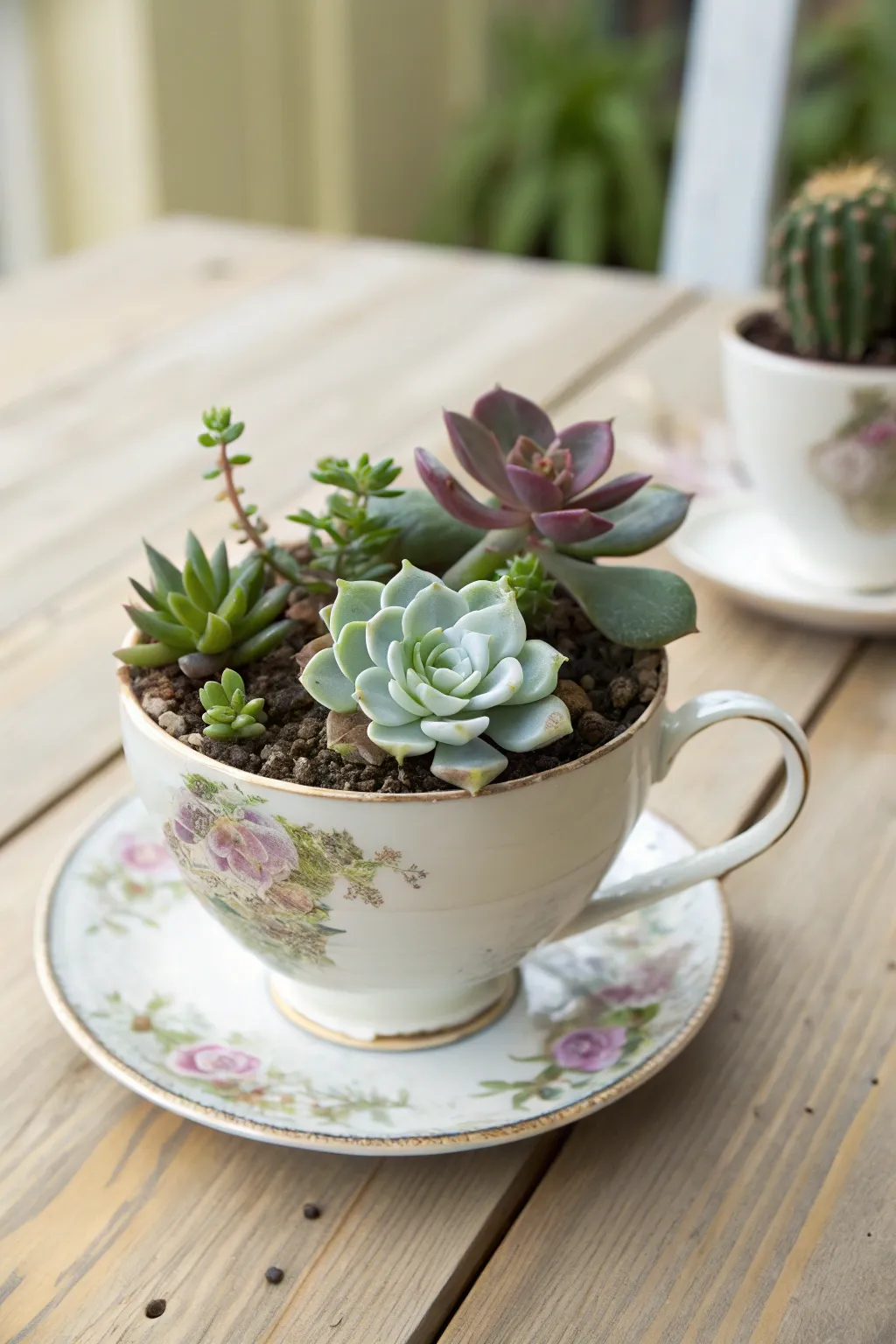 Embrace simplicity and natural beauty with a mini succulent garden in an upcycled teacup. Perfect for adding a touch of green to any space!