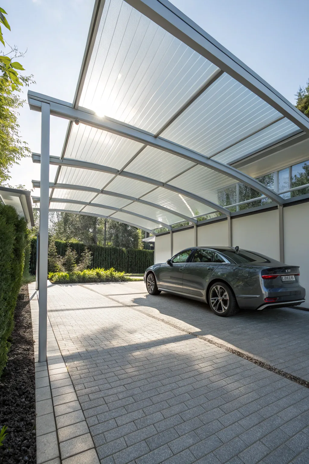 Illuminate your space with style: Discover the modern charm of a transparent polycarbonate garage overhang.