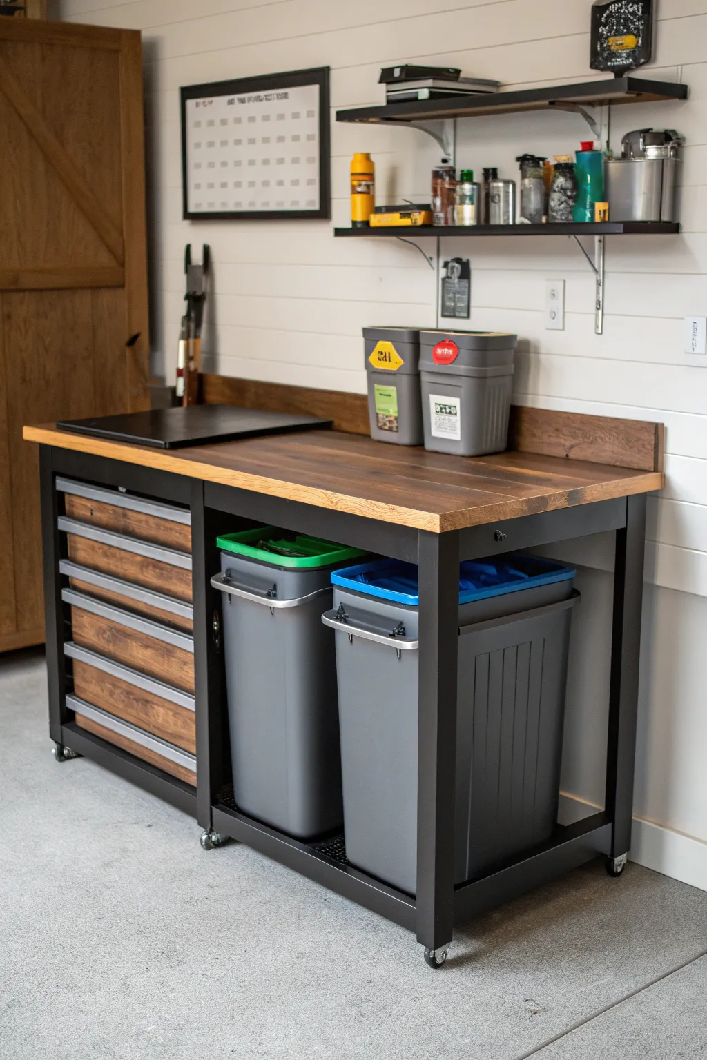 Transform your garage into a clutter-free zone with stylish flip-top recycling bins. Maximize space and hide the mess!