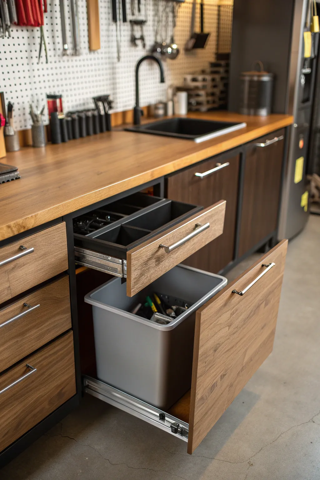 Transform your garage with style and functionality: Discover the elegance of hidden drawer bins.