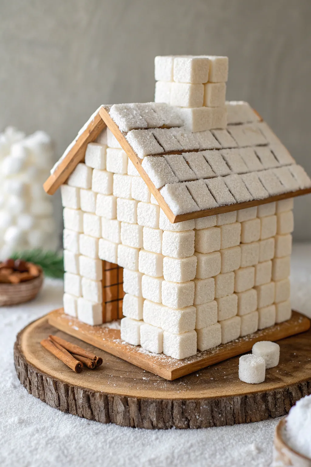 Elevate your gingerbread house with a charming sugar cube chimney for a touch of vintage elegance.