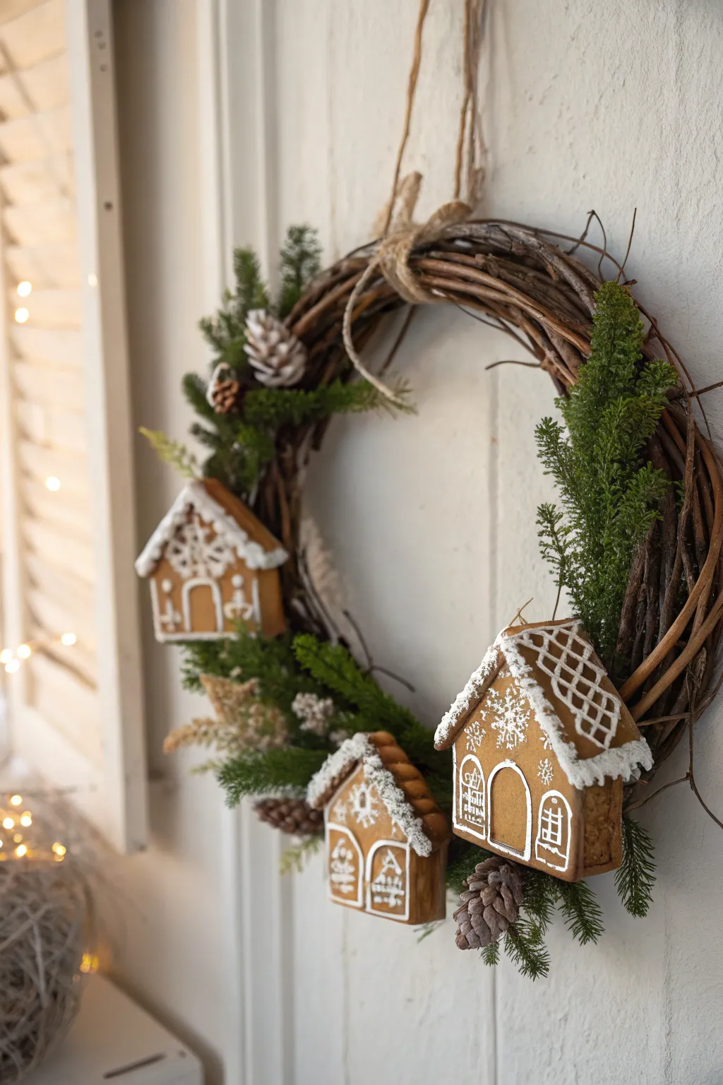 Welcome guests with the sweet charm of a gingerbread house wreath, blending simplicity and elegance.