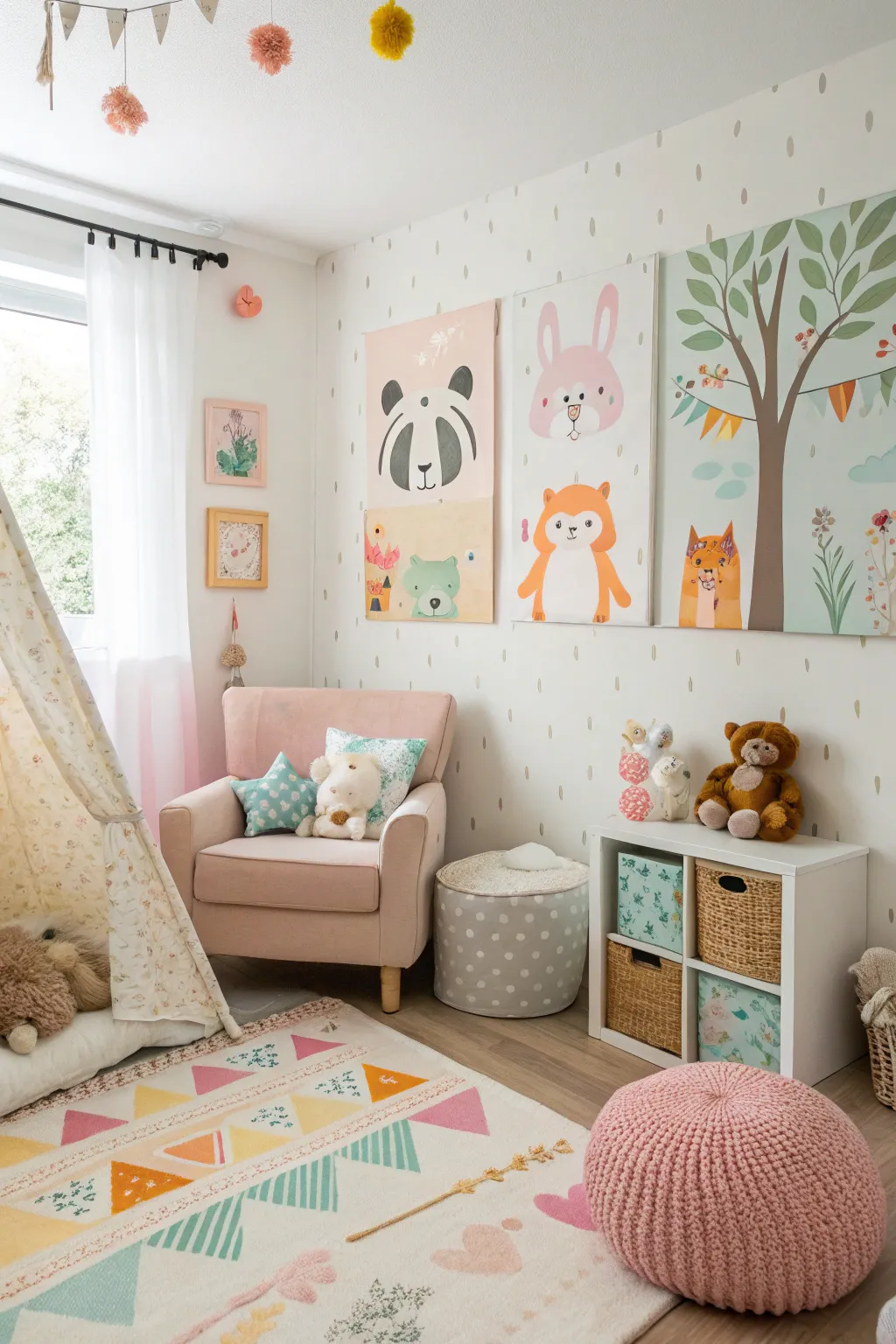 Animal-inspired artwork brings playful charm to this nursery.