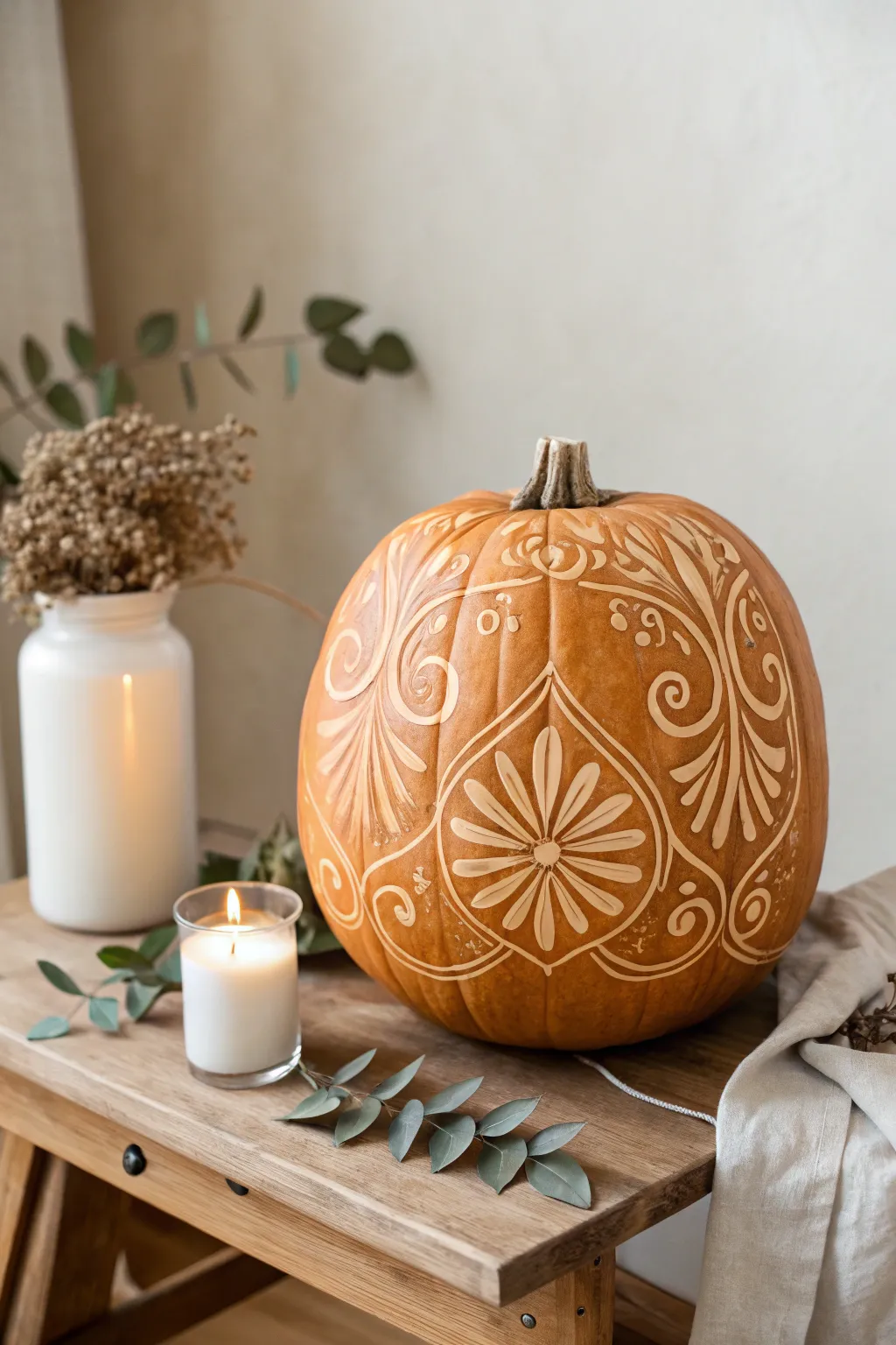 Elevate your autumn decor with this elegantly carved pumpkin, where symmetry meets simplicity. 🎃✨ #ScandiBoho #PumpkinArt