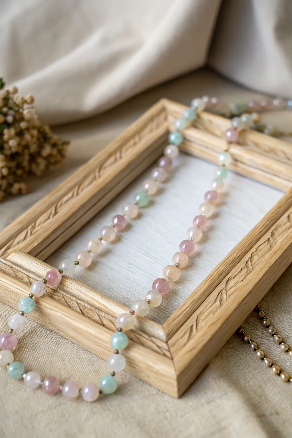 Elevate your memories with a touch of boho elegance: a glass bead picture frame that shines with minimalist beauty.