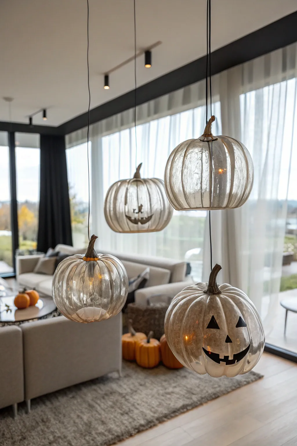 Floating glass pumpkins for a whimsical touch.