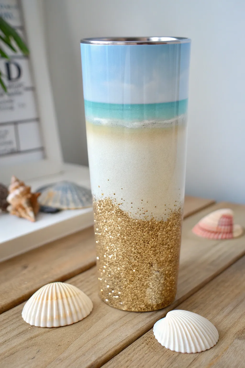 Sip your way to serenity with this sandy beach glitter tumbler.