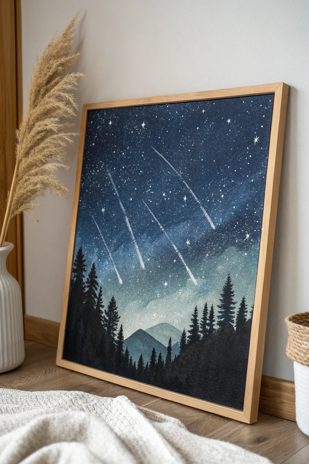 Capture the magic of a meteor shower with minimalist elegance and glowing artistry.