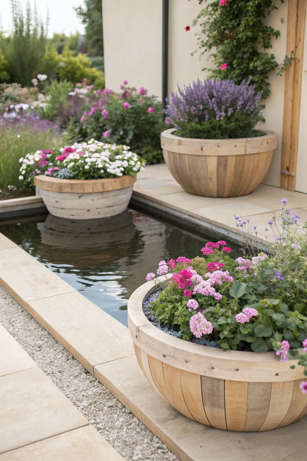 Elevate your garden with a touch of Scandinavian elegance: vibrant blooms against serene waters.