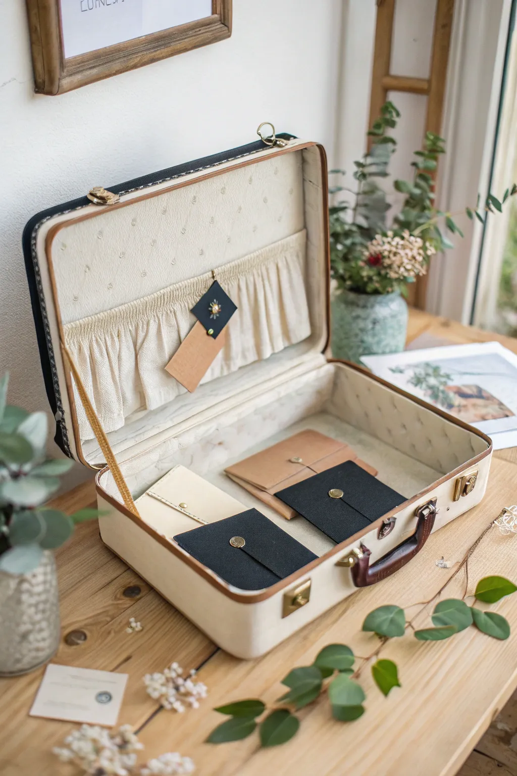 Transform a vintage suitcase into a charming graduation card holder – a perfect blend of minimalist elegance and boho flair.