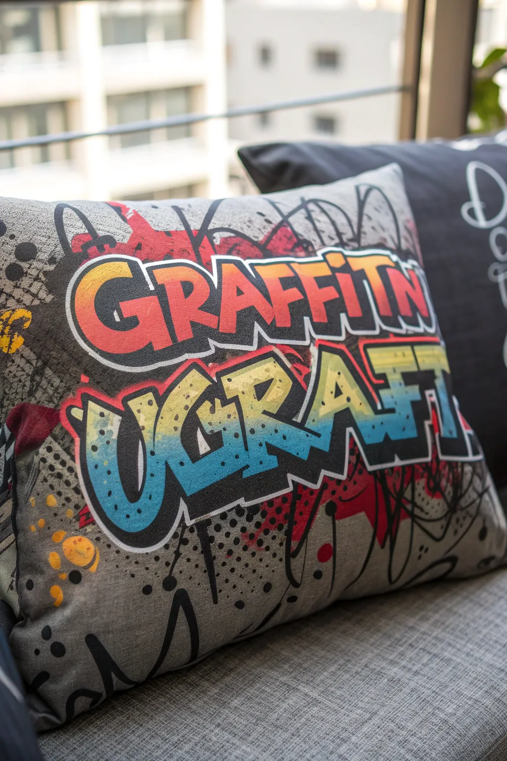 Infuse your space with urban flair: graffiti art on fabric for a bold decor statement.