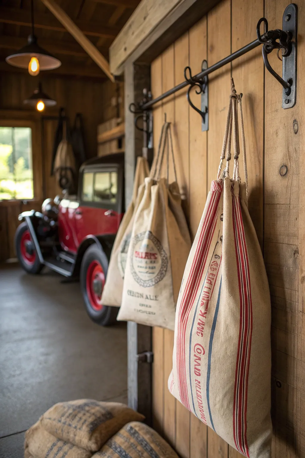 Elevate your storage game with rustic charm: hanging grain sacks for a clutter-free, stylish space.