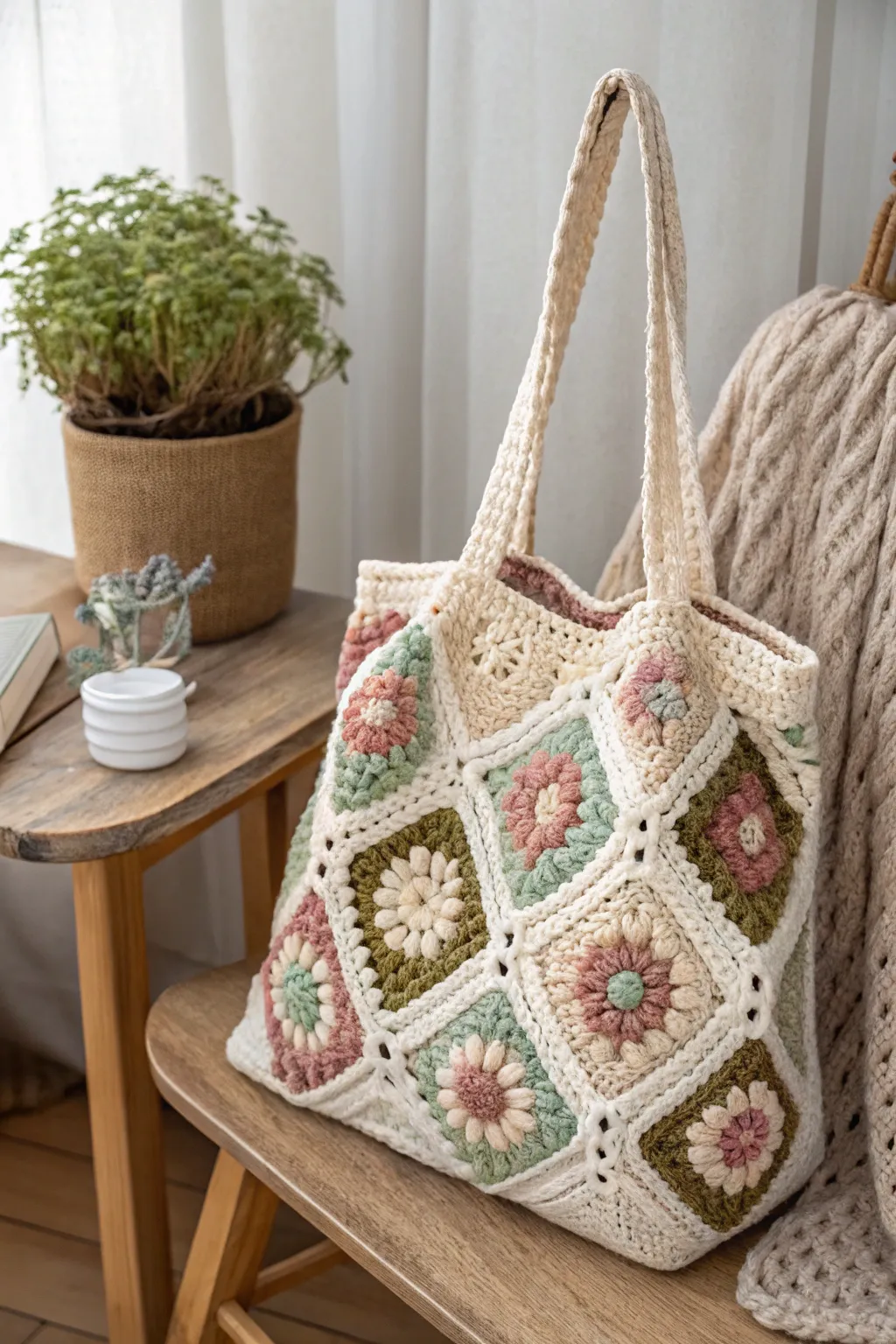 Embrace the art of crochet with this stunning patchwork-style granny square bag, where craftsmanship meets minimalist beauty.