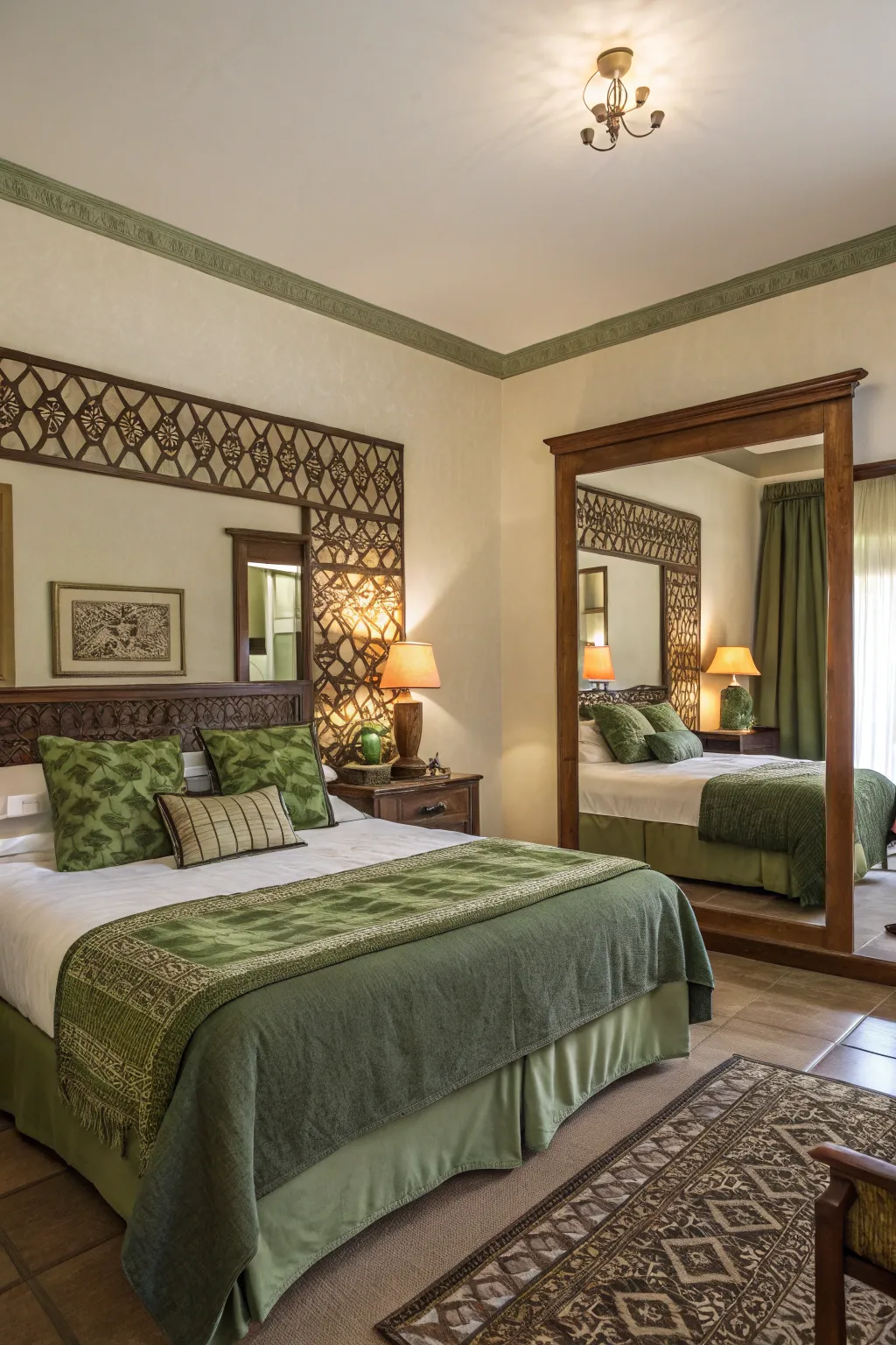 Mirrors enhancing space and light in a beautifully decorated bedroom.