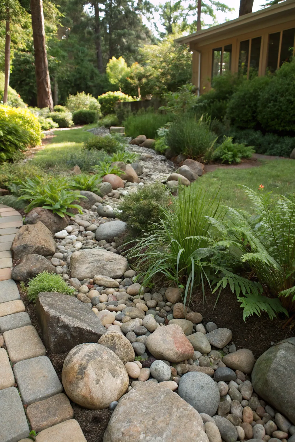 Transform your garden with a stunning dry creek bed that combines functionality with natural beauty.