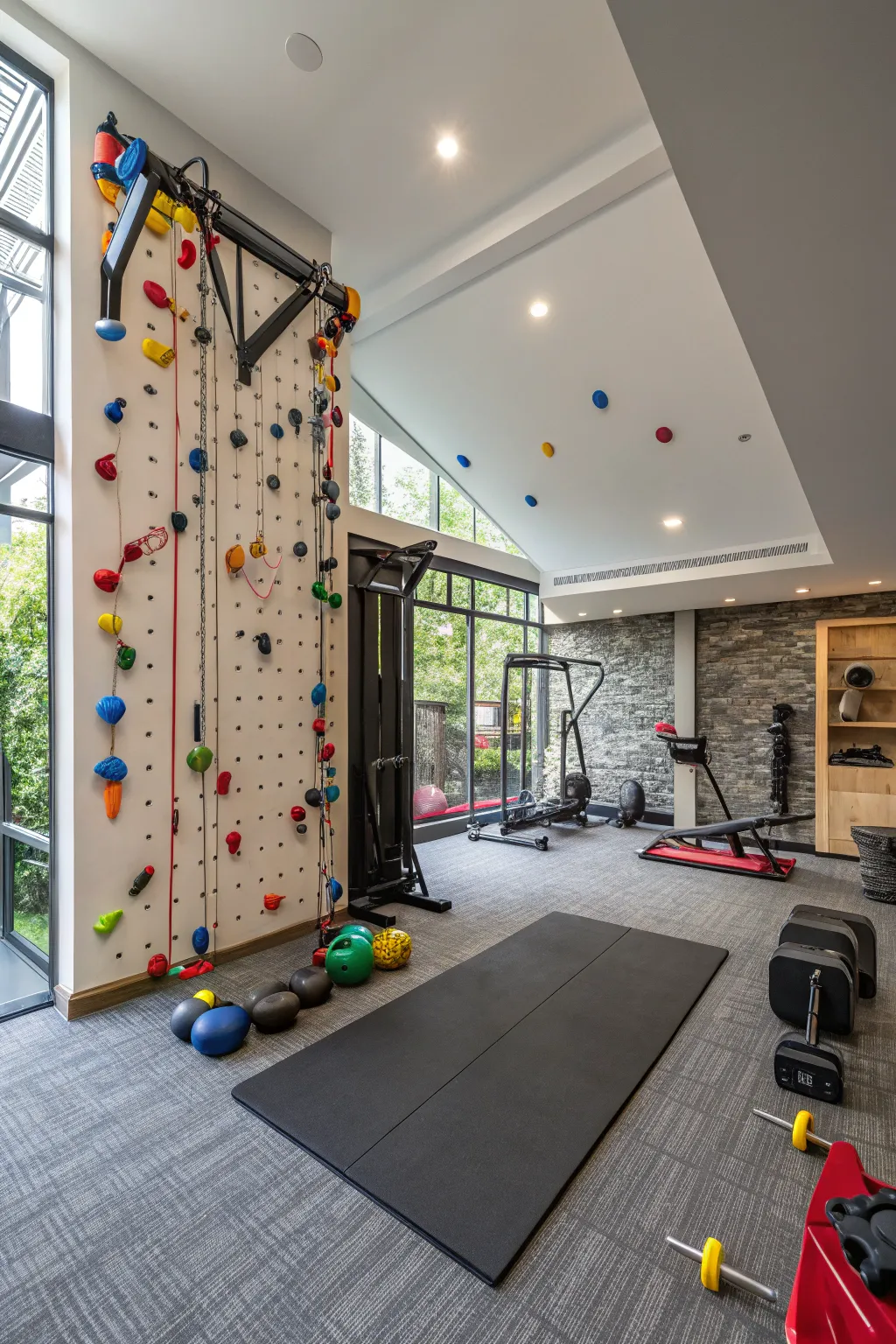 A climbing wall adds a fun challenge to your workout routine.