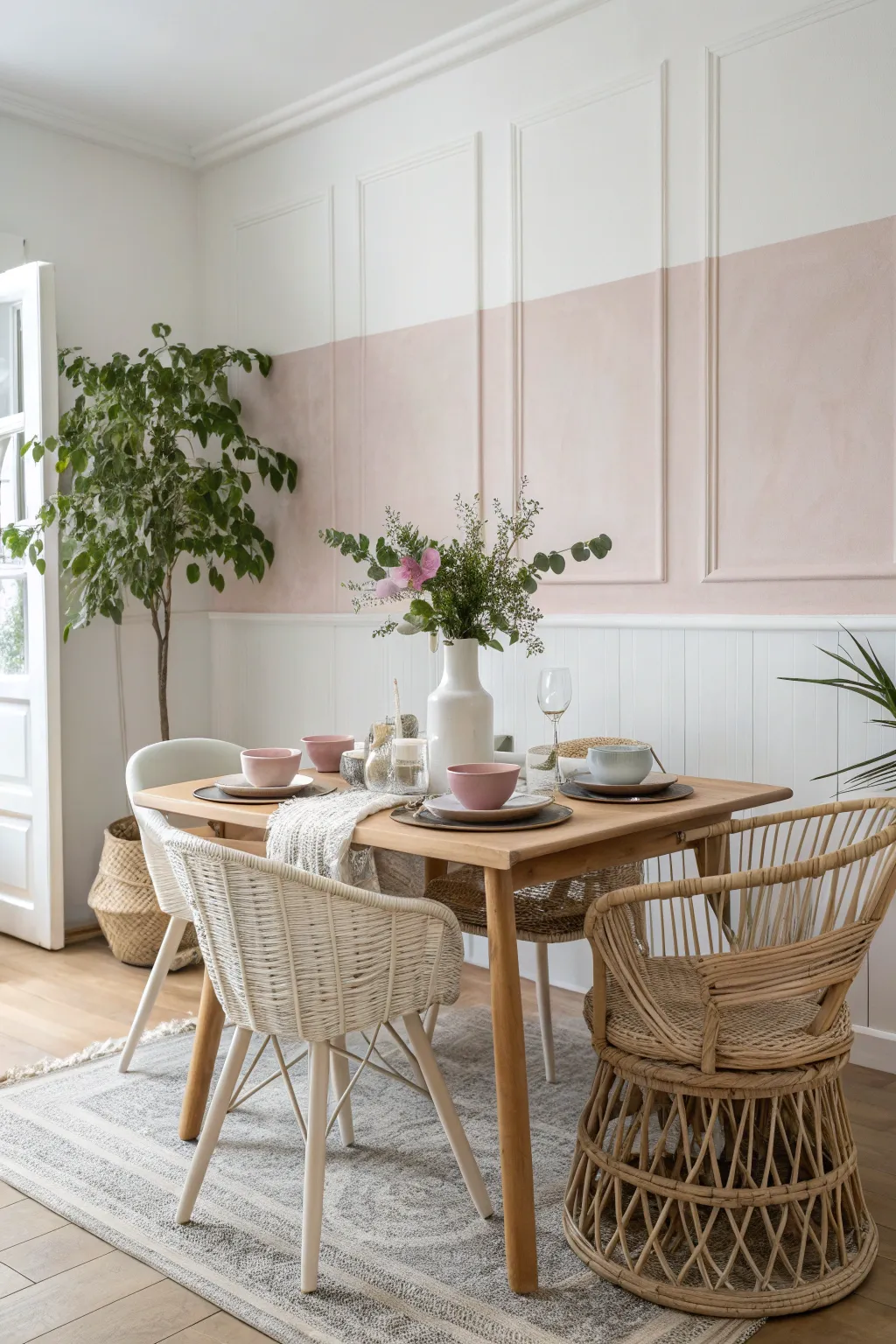 Elevate your dining space with a half-painted wall and coordinated accessories for a touch of minimalist elegance.