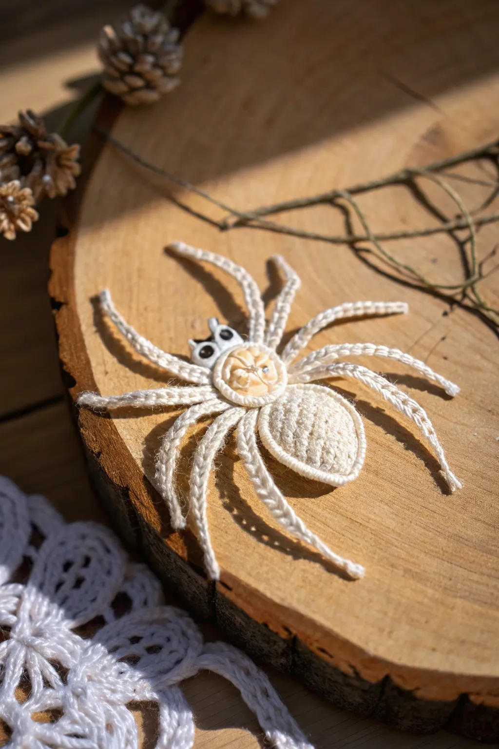 Embrace whimsy with this charming crochet spider applique, perfect for adding a touch of playful elegance to your decor.