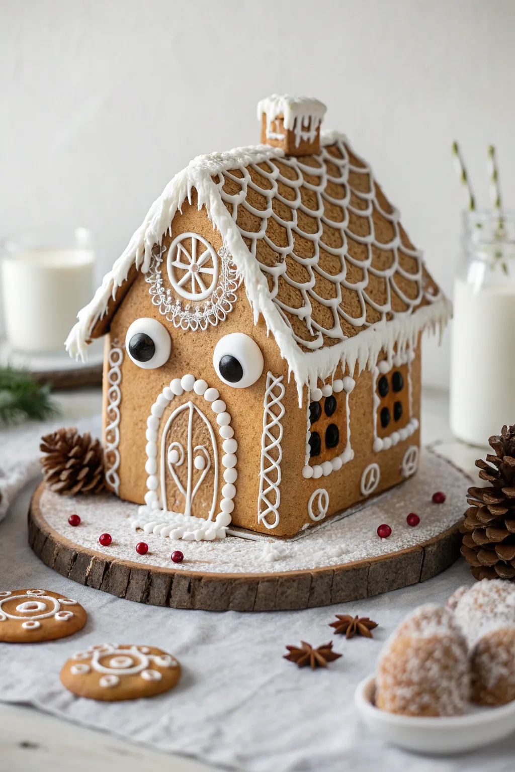 A charming yet spooky gingerbread house with eyes that follow you—perfect for a stylish Halloween!