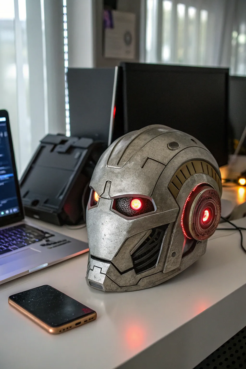 A robot mask offers a glimpse into a futuristic Halloween.