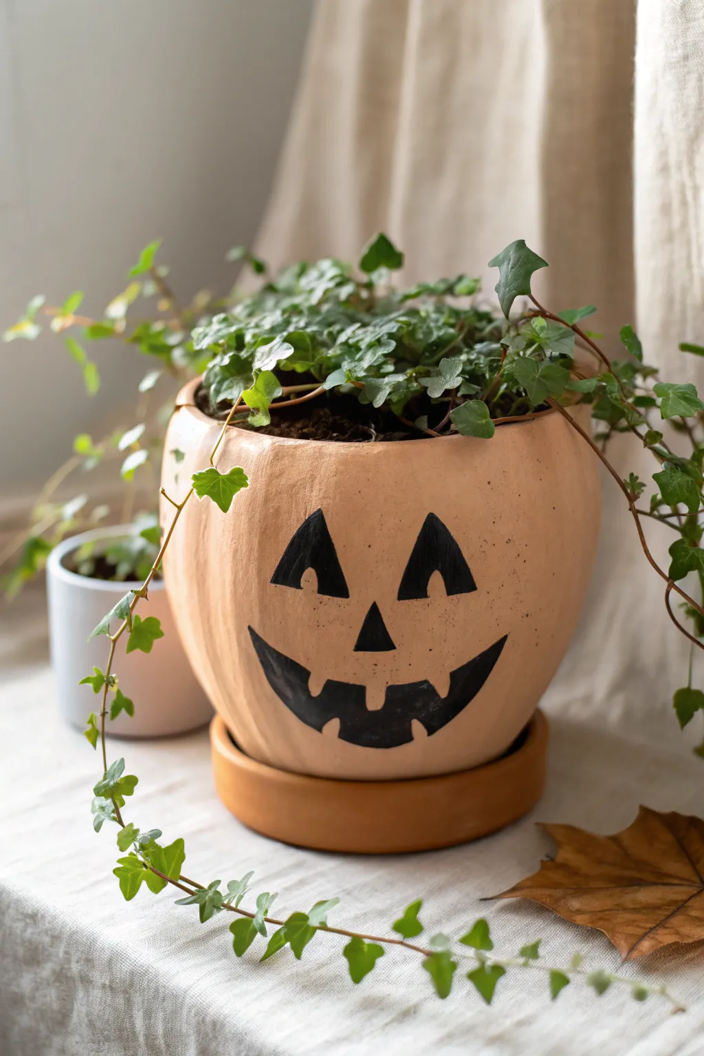Bring a smile to your space with this charming jack-o'-lantern planter, the perfect blend of minimalist and boho style for a cozy Halloween vibe.