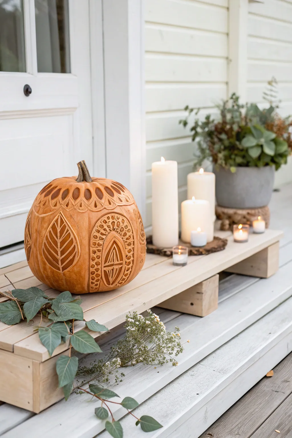 Elevate your porch with a stunning jack-o'-lantern that embodies minimalist elegance and boho charm.