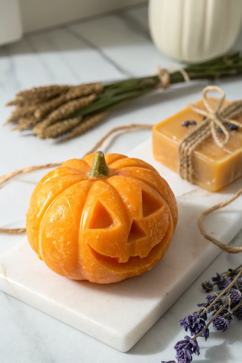 Delight in the handcrafted charm of jack-o'-lantern soaps, adding a touch of Halloween whimsy to your home.