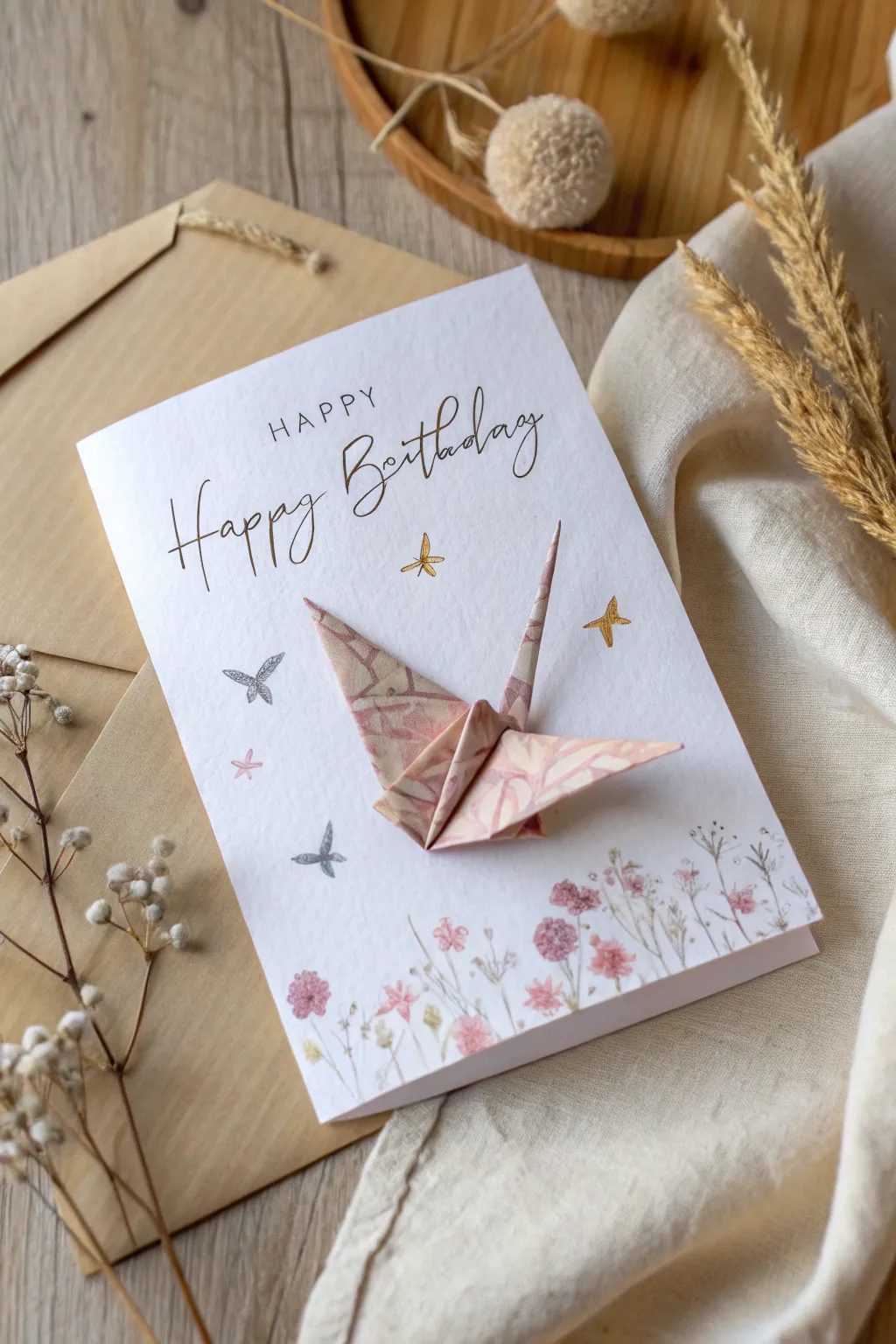 Craft elegance with origami: a heartfelt birthday card adorned with a delicate crane.
