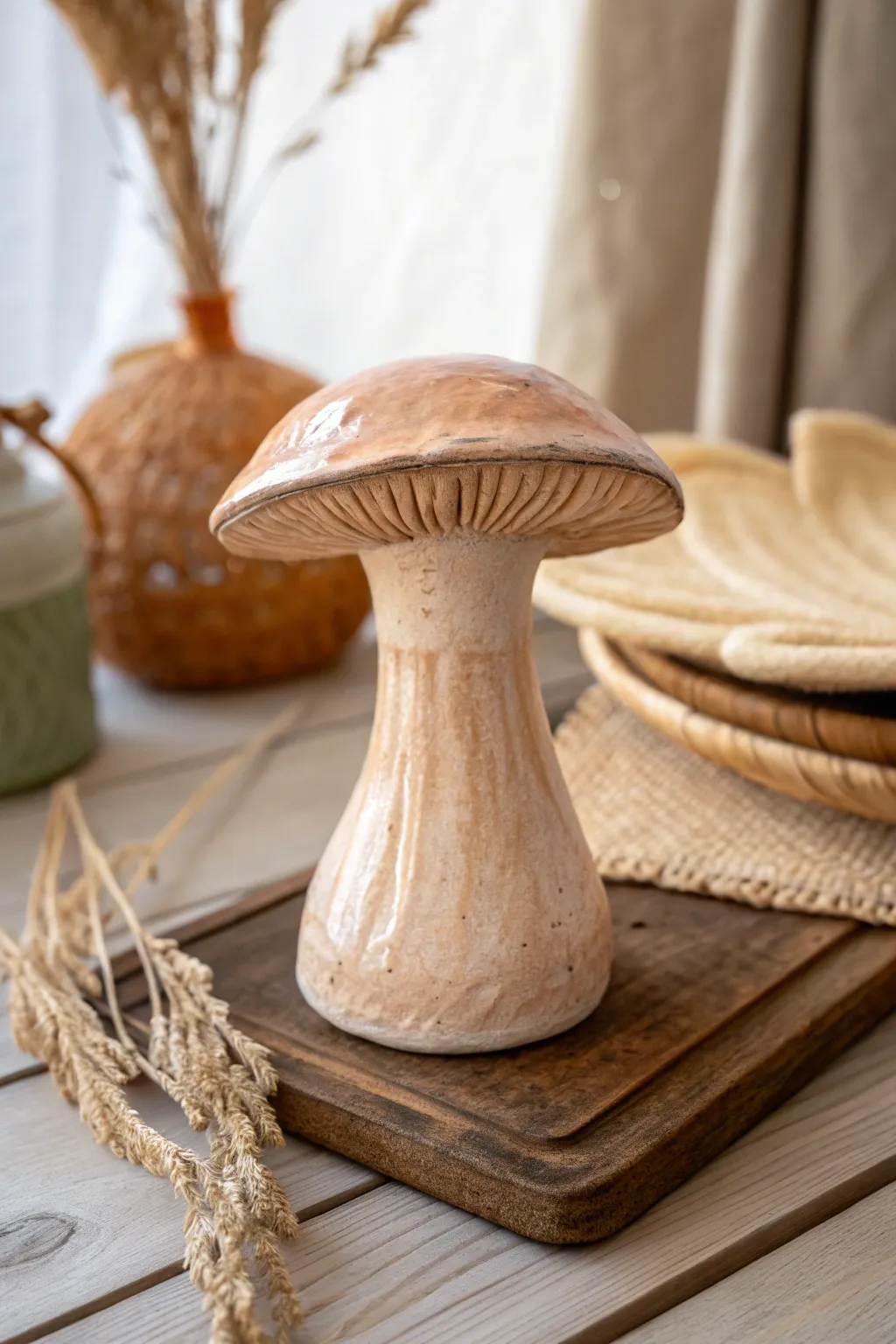 Enchant your space with this whimsical ceramic mushroom sculpture, where craftsmanship meets fantasy.