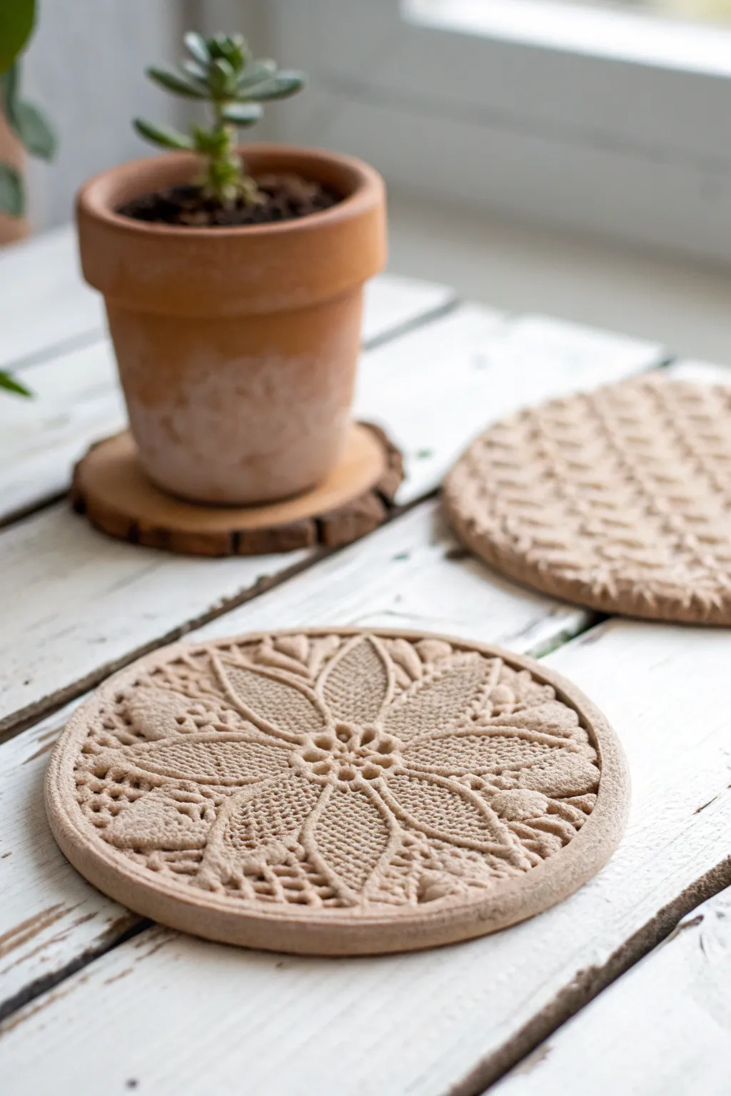 Transform your table setting with the subtle elegance of textured fabric clay coasters, where simplicity meets artisan beauty.