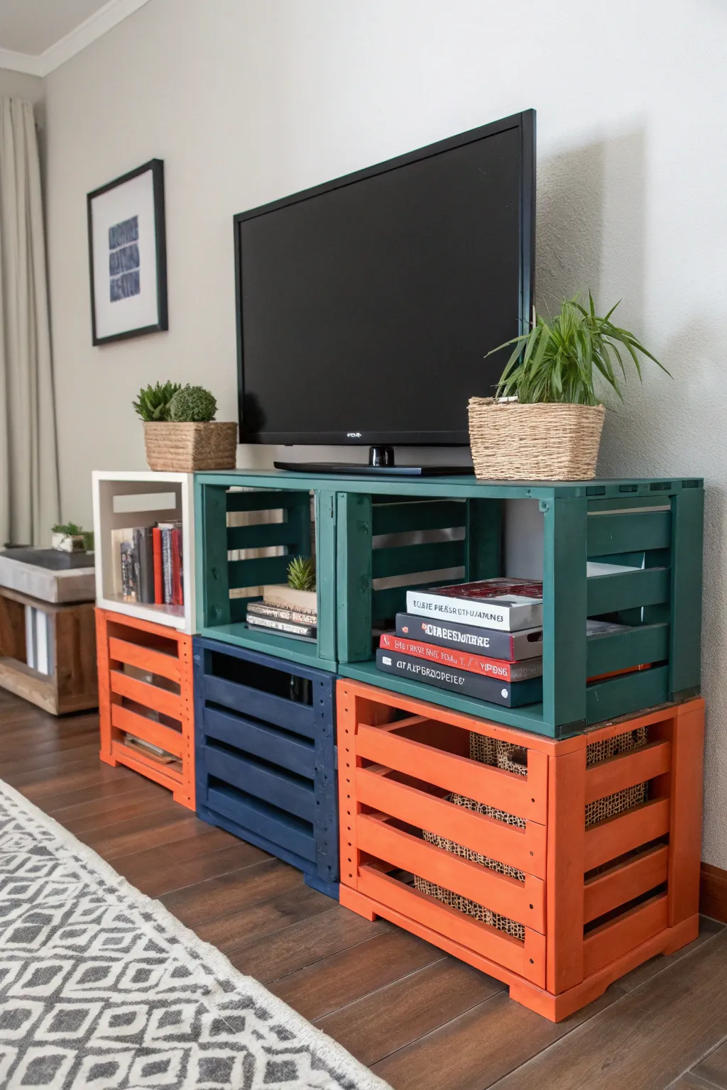 Transform your space with a colorful twist: DIY Painted Crate Media Center.