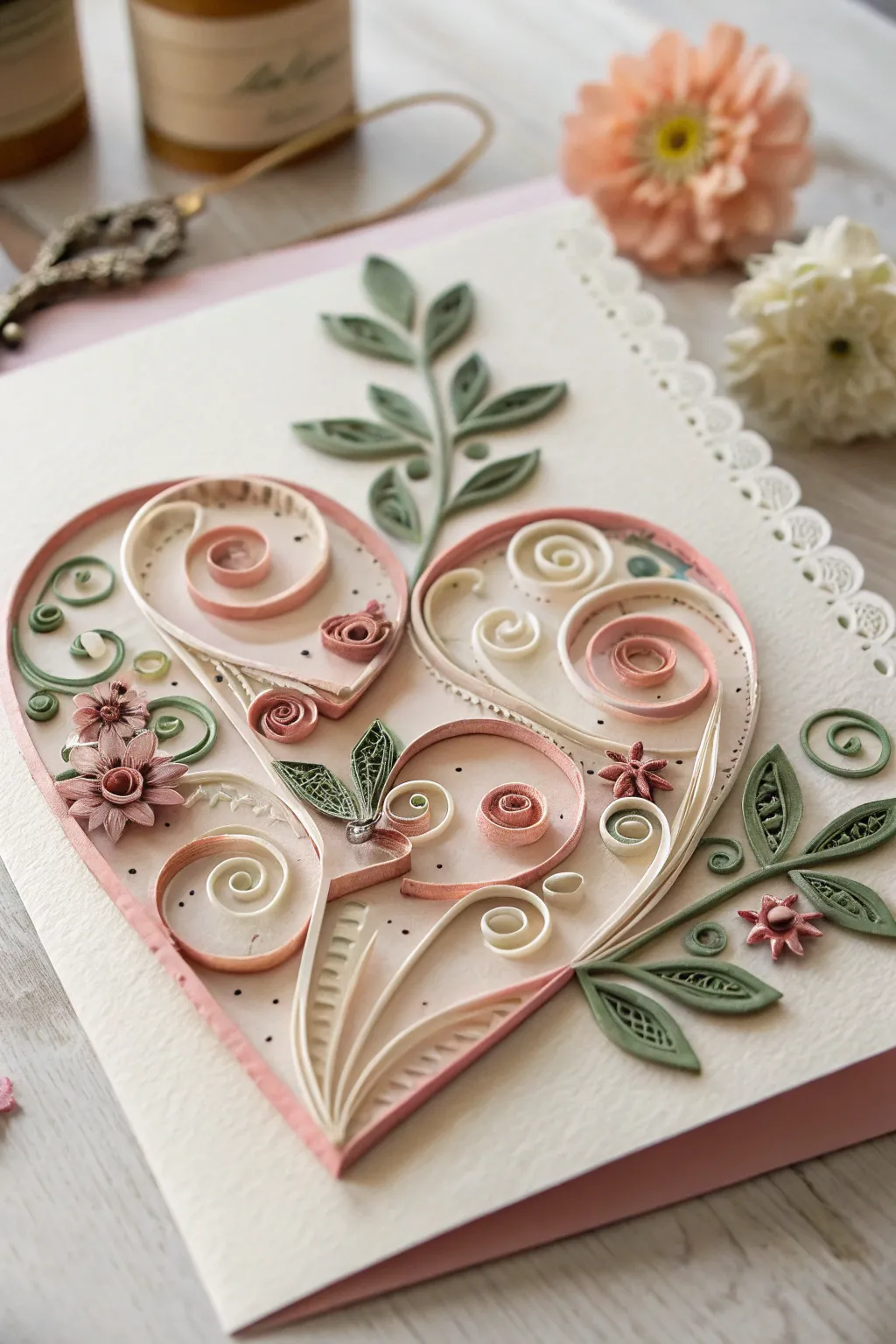 Intricately crafted with love, this quilled card captures the essence of delicate artistry and minimalist beauty.