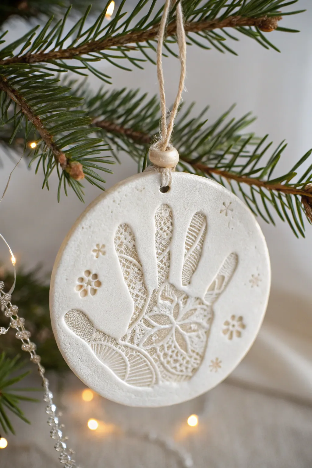 Elegance meets nostalgia with this vintage lace handprint ornament, a perfect blend of minimalism and boho charm.