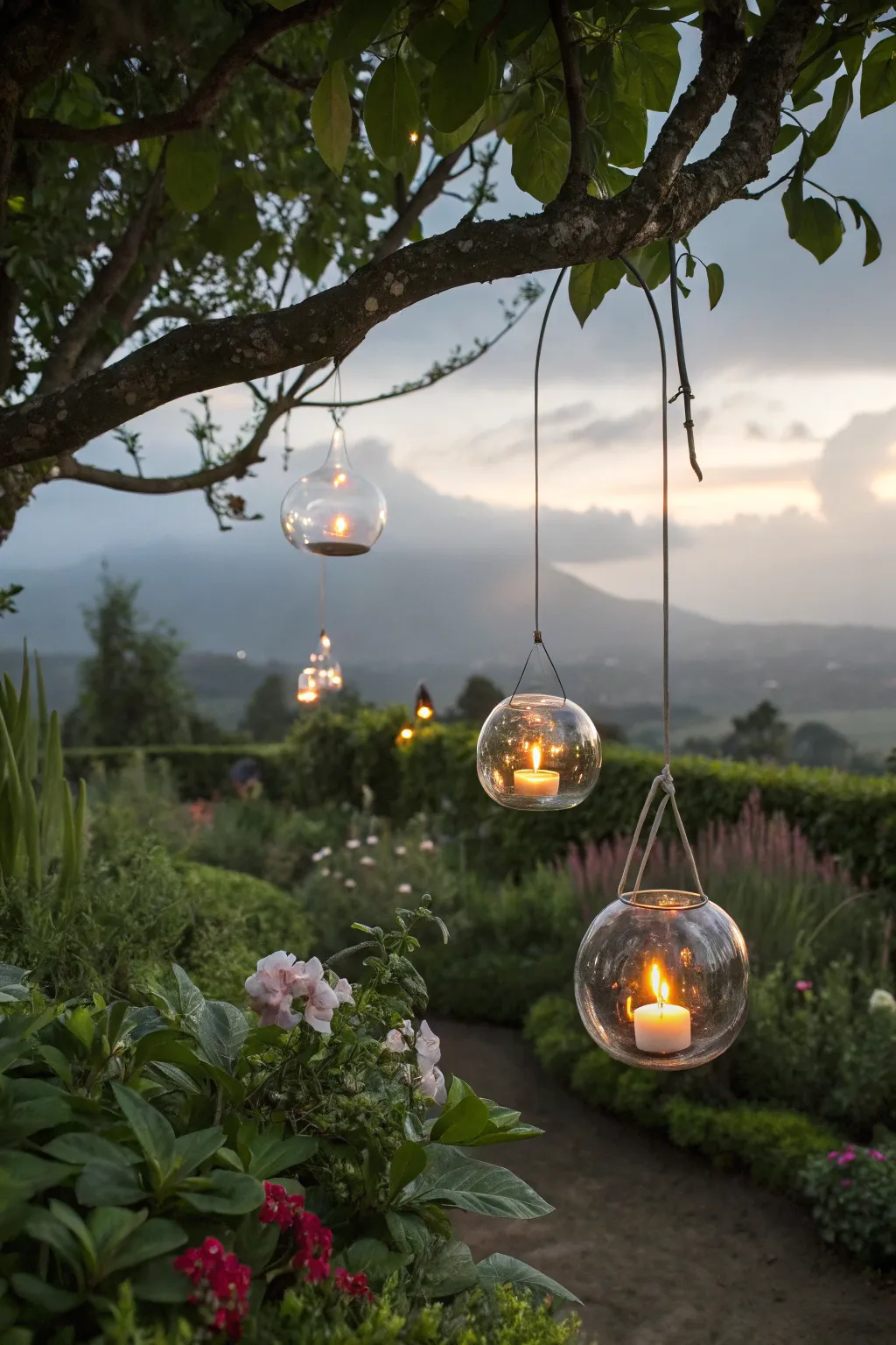 Romantic outdoor ambiance with candlelit globes.