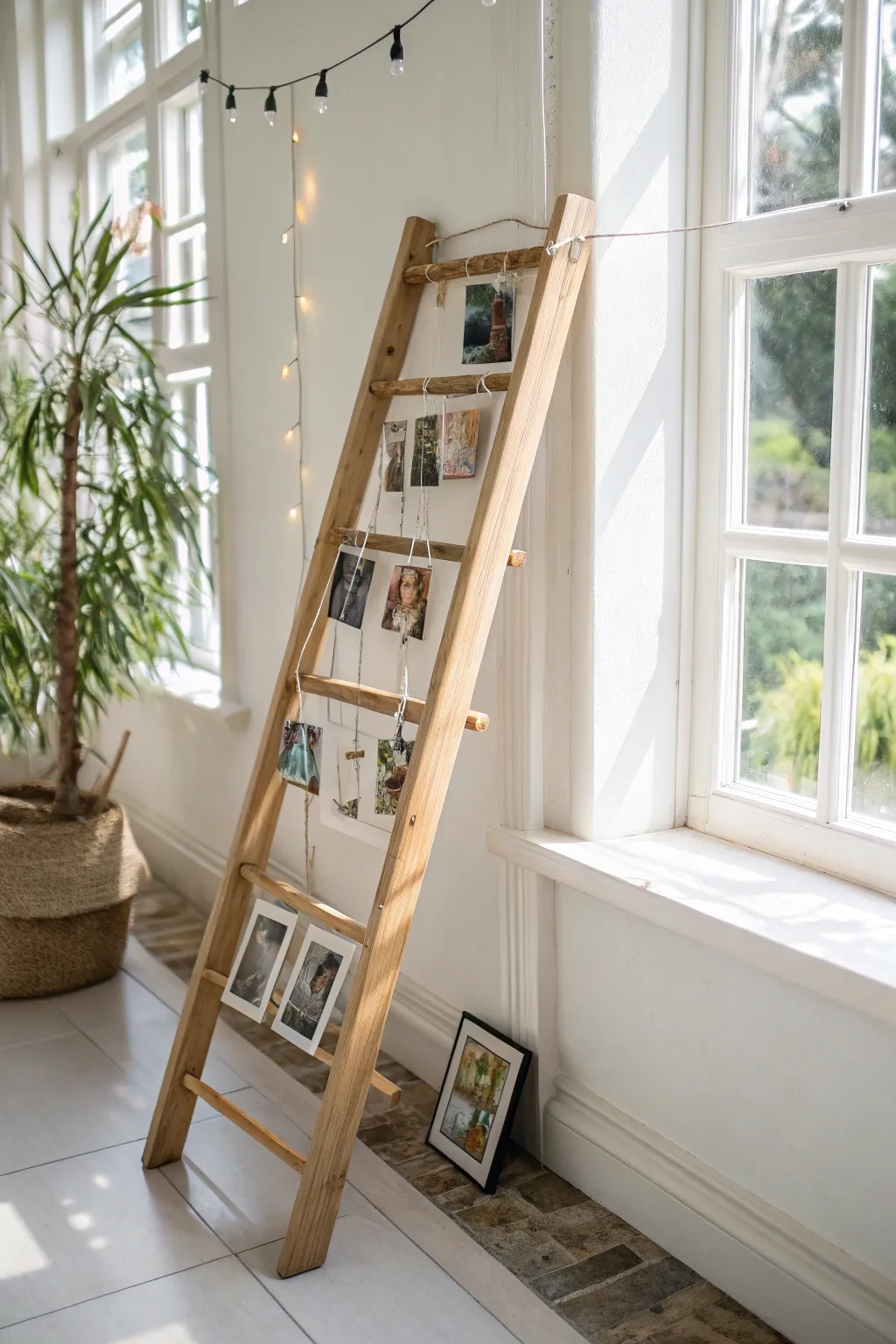 Create a rustic photo display with a charming wooden ladder in your garden room.