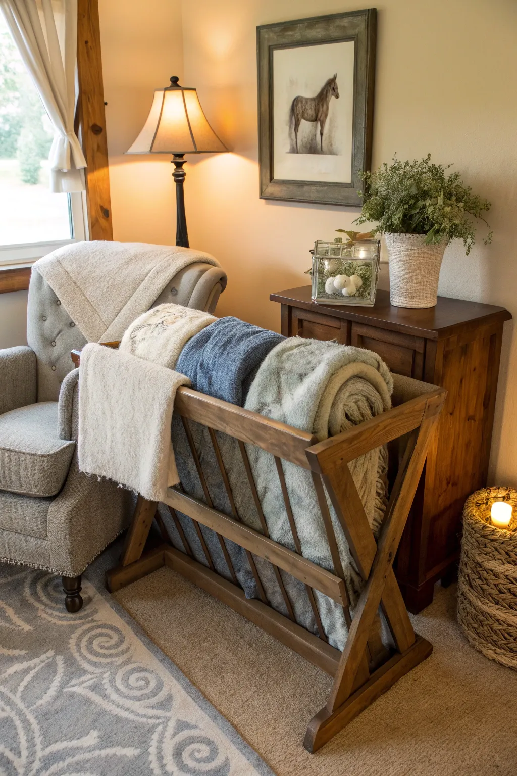 Welcome your guests with a cozy touch: a hay feeder turned blanket holder, perfect for a stylish and warm guest room.
